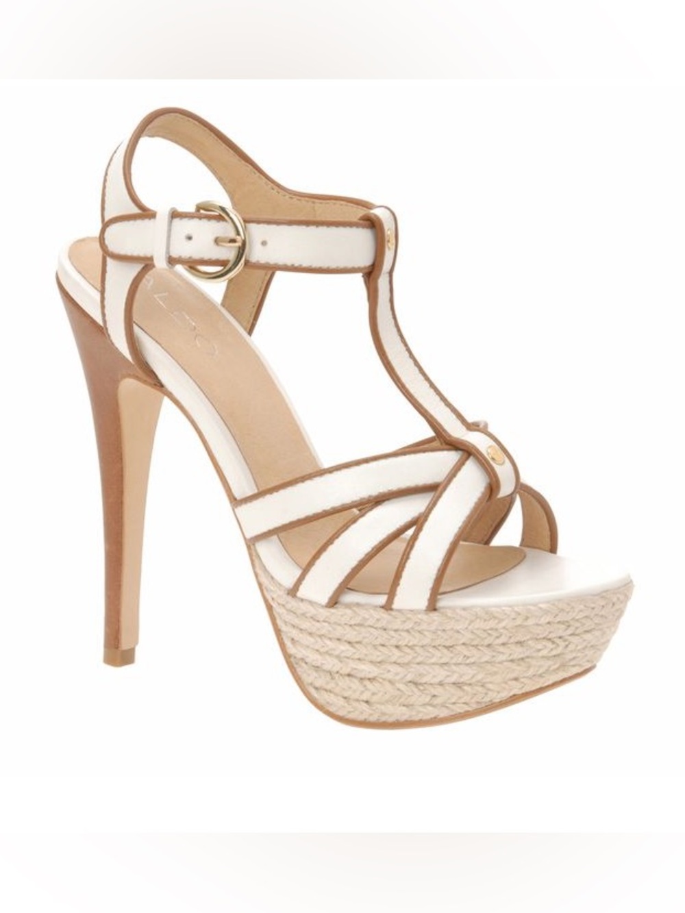Aldo White and Tan Espadrille Platform T‑Strap Heels